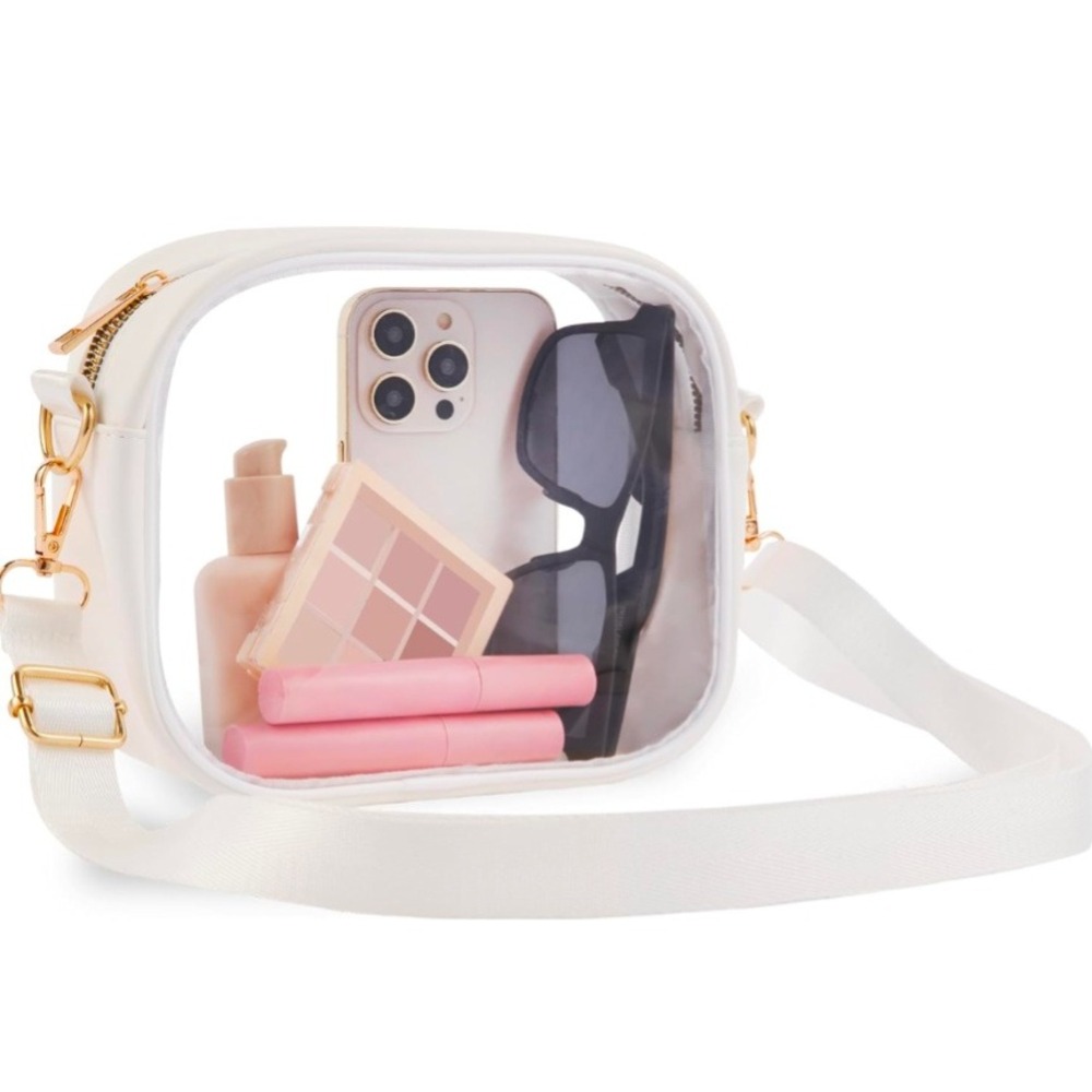 Clear Stadium Concert Bag‎ White Crossbody Purse Gold Chain Strap Adjustable